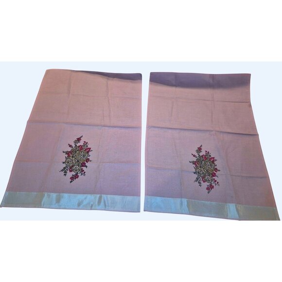 Vintage 1950s Soft Pink Hand Towels Satin Ribbon Trim Floral Set Of 2 - Picture 2 of 6